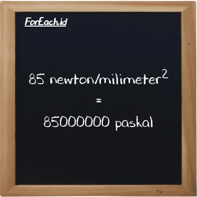 Cara konversi newton/milimeter<sup>2</sup> ke paskal (N/mm<sup>2</sup> ke Pa): 85 newton/milimeter<sup>2</sup> (N/mm<sup>2</sup>) setara dengan 85 dikalikan dengan 1000000 paskal (Pa)